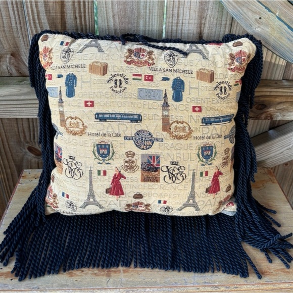 Orient Express Venice Paris Train Tapestry Fringed Throw Pillow 14” - Picture 2 of 7